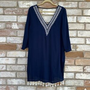 Kona Sol Dark Navy Swim Cover Up with Embroidery and Tassels